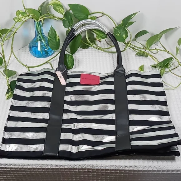 NWT Victoria's Secret Large Black/Silver Metallic Striped Tote Bag - Picture 1 of 10